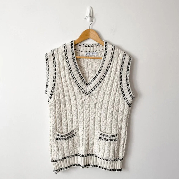 Zara Cable Knit Whip Stitch Sweater Vest Ecru Black Size Small - Picture 9 of 12